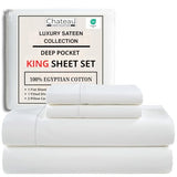 100% Egyptian Cotton Sheets King Size Sheets Set with Fully Elasticated 15" Deep Fitted Sheet & Pillowcase Sets, Sateen Weave Hotel Collection King Sheet Set, Soft Luxury White Bedding CHATEAU HOME COLLECTION