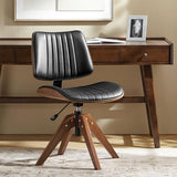 HULALA HOME Faux Leather Home Office Chair with Solid Wood Legs, 360° Swivel Desk Chair No Wheels with Bentwood Design, Mid-Century Modern Wide Seat Computer Task Chair, Black HULALA HOME