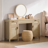 SICOTAS Rattan Vanity Home Office Desk - 52" Large Farmhouse Boho Makeup Vanity Dressing Table with 3 Drawers & 2 Storage Cabinets, Vanities Desk for Makeup Room, Bedroom, Home Office, Light Oak SICOTAS