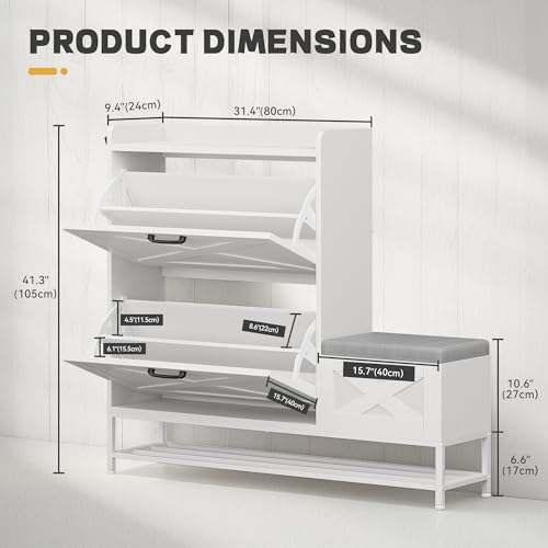 DWVO Farmhouse Shoe Cabinet Bench with 2 Flip Drawers for 16 Pairs, Chic Entryway Bench and Rustic Design for Living Rooms and Hallways (White) DWVO