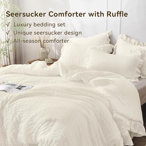 JOLLYVOGUE Ivory Queen Comforter Set, 3 Pieces Seersucker Comforters Queen Size, Lightweight & Fluffy Bedding Sets Queen for All Season with 1 Ruffle Comforter and 2 Ruffle Pillowshams JOLLYVOGUE