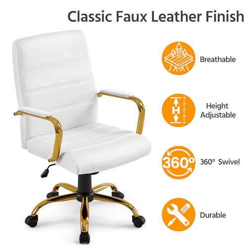 Yaheetech Mid-Back Office Chair PU Leather Desk Chair Adjustable Executive Task Chair w/Lumber Support Gold Leg White Seat Yaheetech