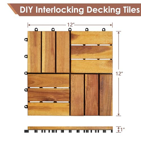 PrimeZone 54 PCS Solid Acacia Wood Interlocking Patio Deck Tiles - 12" x 12" Indoor Outdoor Waterproof Flooring Tiles for Balcony, Backyard, Garden & Poolside, All Weather Use, Natural Wood, Checker PrimeZone