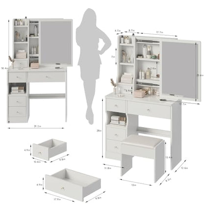 Elevon Small Makeup Vanity Desk with Sliding Mirror and Chair, Vanity Table with 5 Drawers & 4 Shelves Dressing Desk with No Light for Bedroom Furniture, White