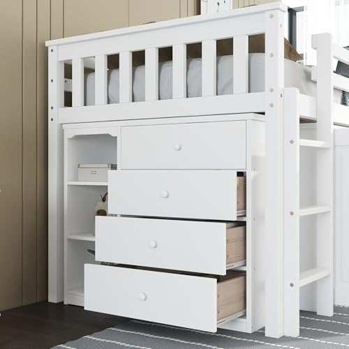 KEIKI Twin Low Loft Bed with Pull-Out Desk, Rubberwood Loft Bed with Storage Cabinets, Drawers & Shelves, Space-Saving Twin Bed for Kids, White KEIKI