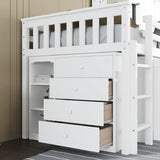 KEIKI Twin Low Loft Bed with Pull-Out Desk, Rubberwood Loft Bed with Storage Cabinets, Drawers & Shelves, Space-Saving Twin Bed for Kids, White KEIKI