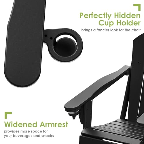 GREENVINES Folding-Adirondack-Chairs-Set-of-2 | HDPE Plastic | Fire Pit Chair | All Weather | Cup Holder | Black | for Deck Backyard Patio Outdoor Garden GREENVINES