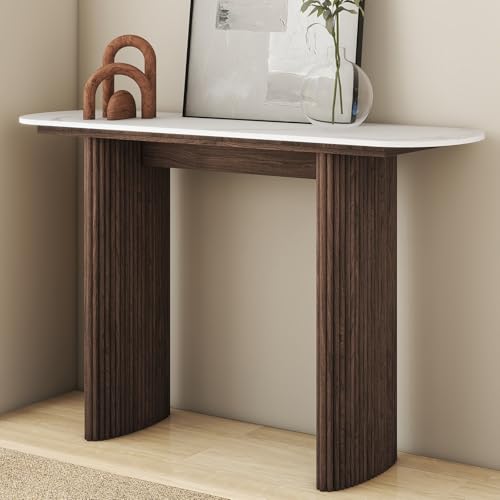THKSHOUZ 47.24" Walnut Console Table with Sintered Stone Top, Fluted Solid Wood Base Sofa Table, Mid Century Modern Entryway Table for Hallway, Behind The Couch, Living Room, Foyer, Easy Assembly THKSHOUZ