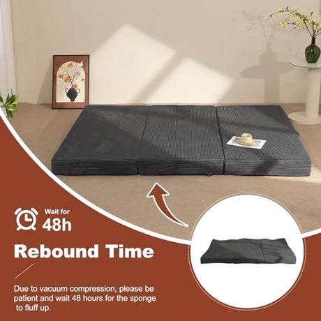 6-Inch Tri-Fold Foldable Mattress, Folding Sofa Bed with Removable Washable Cover, Portable Futon Mattress Full Size Floor Guest Mat with Non-Slip Bottom & Carry Handles for Camping (Grey, Queen) AOLVDOW