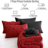 Ubauba 7pc King Size Comforter Set with Sheets, All Season Pintuck 7 Piece Bedding Sets Red and Black, Pinch Pleating Bed in a Bag Set with Comforters (Red and Black,King)