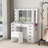 Panana Vanity Desk Set Large Mirror and Lights, Makeup Table with 11 Drawers, Power Outlet, Storage Cushioned Stool, 3 Lighting Modes, Dressing Table for Bedroom Dressing Room (White) Panana