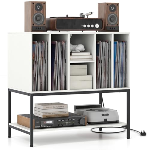 Giantex Record Player Stand with Charging Station, Turntable Stand with Storage Shelves Hold Up to 150+ Albums, Record Player Table with Metal Frame, Vinyl Record Storage for Music Living Room, White Giantex
