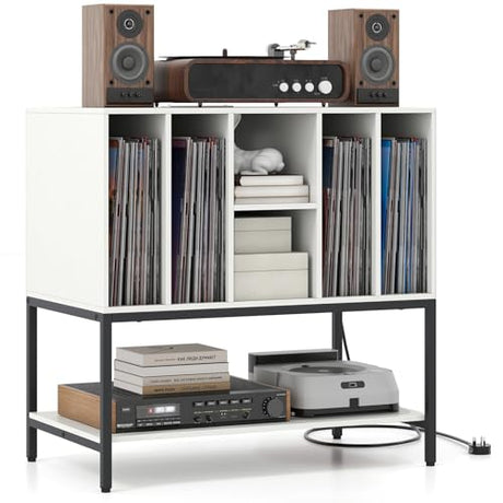 Giantex Record Player Stand with Charging Station, Turntable Stand with Storage Shelves Hold Up to 150+ Albums, Record Player Table with Metal Frame, Vinyl Record Storage for Music Living Room, White Giantex