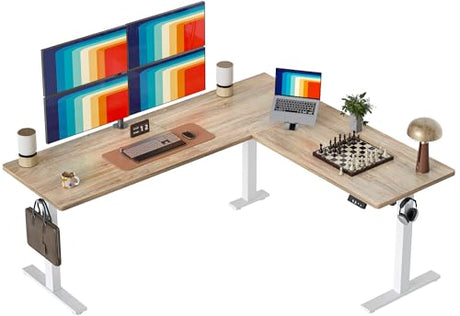 TIQLAB 75 x 61 inch L Shaped Standing Desk Adjustable Height, Electric Corner Standing Desk, Sit Stand Computer Table with Splice Board, Maple TIQLAB