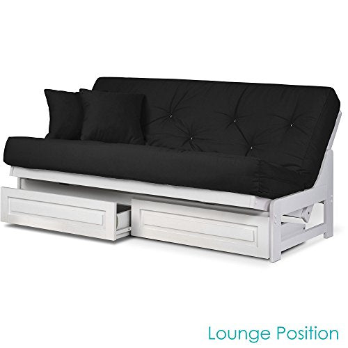 Nirvana Futons Arden White Futon with Storage Drawers Full or Queen Size - Space Saving Armless Design with Comfortable Mattress (Twill Black), Sofa Bed Available in Nirvana Futons