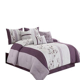 Chezmoi Collection Linnea 7-Piece Luxury Purple Lavender Gray Cherry Blossom Floral Embroidery Comforter Set, Queen Chezmoi Collection