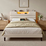 OURPIC Queen Size Bed Frames with Upholstered Headboard, Modern Platform Bed with Charging Station and Led Lights, Bed Frame with Sturdy Wooden Slats/No Box Spring Needed/2-Tier Storage, Beige OURPIC