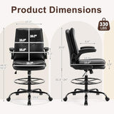 Karl home Drafting Chair Height Adjustable for Standing Desk, PU Upholstered Tall Office Swivel Desk Chair with Flip-Up Armrests, Ergonomic Lumbar Support, Adjustable Foot Ring, Black Karl home