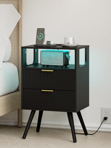 Leomonio Nightstand with Charging Station and LED Lights, Modern Bedside Table with 2 Storage Drawer and Open Wood Shelf for Bedroom and Small Spaces, Night Stand with Solid Wood Legs Leomonio