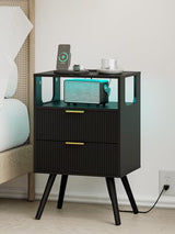 Leomonio Nightstand with Charging Station and LED Lights, Modern Bedside Table with 2 Storage Drawer and Open Wood Shelf for Bedroom and Small Spaces, Night Stand with Solid Wood Legs Leomonio