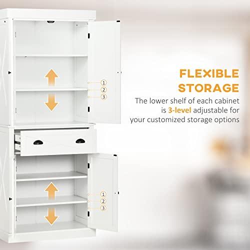HOMCOM 72" White Traditional Kitchen Pantry Cabinet with Adjustable Shelves and Large Drawer HOMCOM