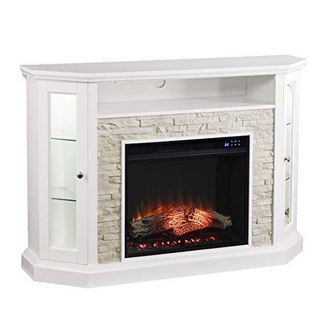 SEI Furniture Redden Faux Stone Corner Convertible Electric Fireplace with Media Storage, New Fresh White SEI Furniture