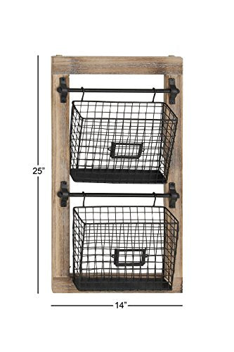 Deco 79 Wood Rectangle Magazine Rack Holder with Suspended Baskets and Label Slot, 14" x 4" x 25", Black Deco 79