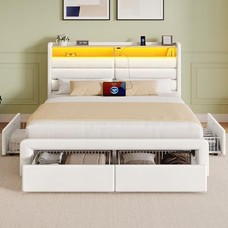 Seventable Full Size Bed Frame with 4 Storage Drawers & Charging Station, Upholstered Platform Bed with Storage Headboard and LED Light, No Box Spring Needed, Noise Free, Easy Assembly, Cream White Seventable