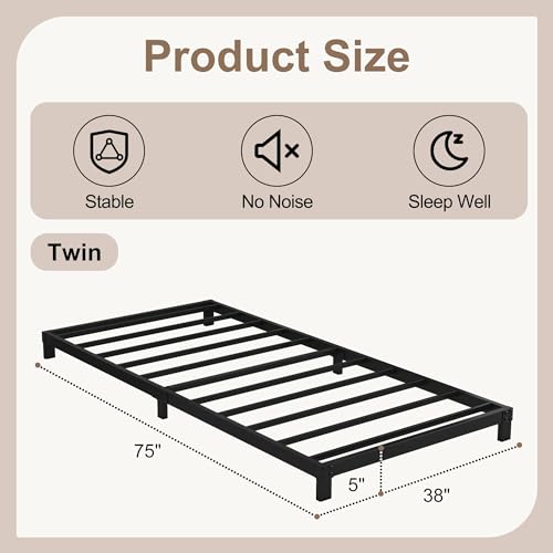 Cieemine 5 Inch Low Bed Frame Twin, Heavy Duty Twin Bed Frames Low Profile, No Box Spring Needed, Easy Assembly, Noise Free, Black Cieemine