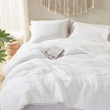 Codi White Boho Twin Comforter Set for Girls, Aesthetic Luxurious Pom Fringe Design Bedding,Cute Soft Washed Microfiber Bed Sets, Lightweight Chic,1 Comforter & 1 Pillowcase Codi