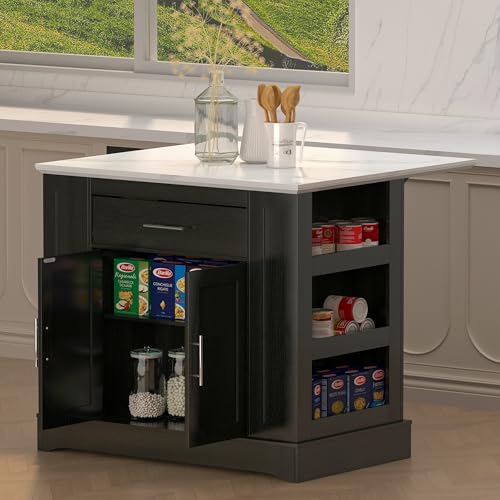 FUSUNBAO Large Kitchen Island with Storage & Power Outlet, Drawer, Adjustable Shelves, Side Open Compartments, and Drop Leaf,Island Table for Kitchen with Footrest,Black FUSUNBAO