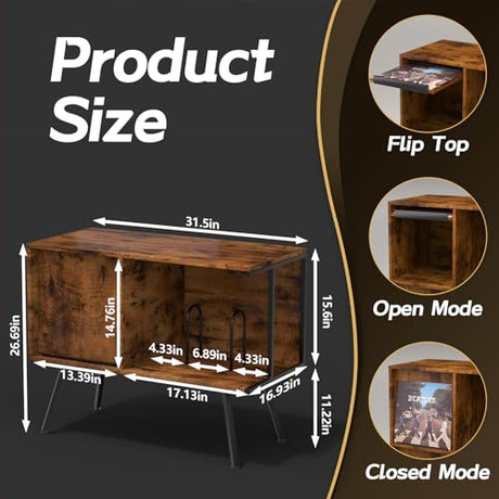 Faesun Flip Top Record Player Stand, Large Record Player Table with Open Storage Holds up to 150+ Albums, Mid Century Turntable Stand, Stereo Cabinet for Speakers, for Living Room, Bedroom, Rustic Faesun