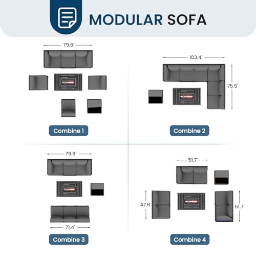 Amopatio 8 Pieces Patio Furniture Set with Fire Pit Table, Outdoor Furniture Sectional Rattan Sofa with Slanted Back, Patio Couch with Glass Coffee Table for Backyard Garden (Dark Grey)