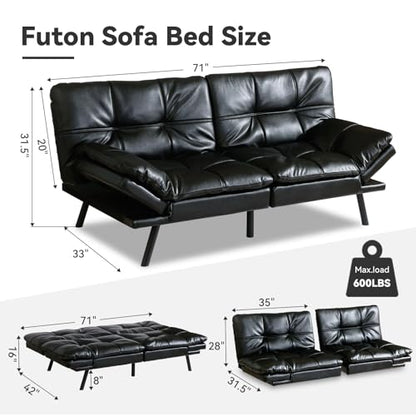 AMICLIBER Convertible Faux Leather Futon Sofa Bed Couch,Memory Foam Futon Sofa Couch,Loveseat Sleeper Sofa Bed,Small Splitback Modern Sofa Bed for Living Room,Office,Apartment,Bright Black