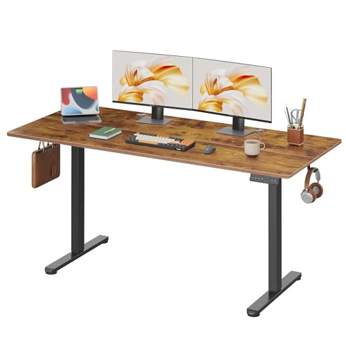 DEVAISE 63 x 28 Inches Electric Standing Desk, 3 Adjustable Height Stand up Desk for Home Office, Ergonomic Sit to Stand Desk with LED Touchscreen, Hook, 3 Memory Preset Computer Desk (Rustic Brown) DEVAISE
