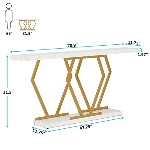 Tribesigns 70.9 Inch Extra Long Sofa Table， White and Gold Console Table with Faux Marble Tabletop, Modern Long Entryway Table with Gold Frame - WoodArtSupply