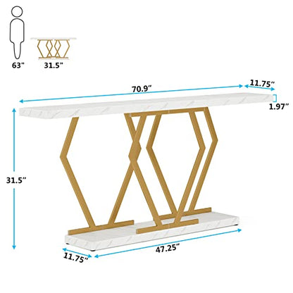 Tribesigns 70.9 Inch Extra Long Sofa Table， White and Gold Console Table with Faux Marble Tabletop, Modern Long Entryway Table with Gold Frame - WoodArtSupply