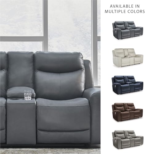 Signature Design by Ashley Mindanao Modern Leather Match Upholstered Power Reclining Loveseat with Console, USB Ports and Cup Holders, Gray Signature Design by Ashley