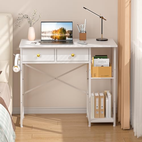 DAOUTIME White Computer Desk, 36 Inch Small Desk with Drawers, Home Office Desk with Storage Shelves for Bedroom, Living Room, Dorm, Vanity Desk for Small Spaces, White DAOUTIME