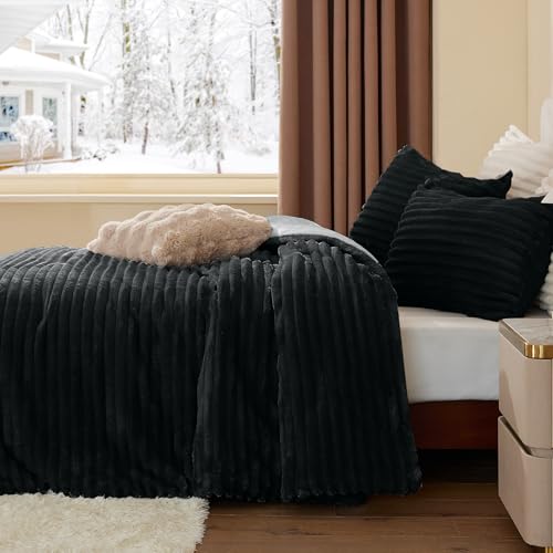 BEDELITE Fleece Full Comforter Set -Super Soft & Warm Fluffy Black Bedding, Luxury Fuzzy Heavy Bed Set for Winter with 2 Pillow Cases BEDELITE