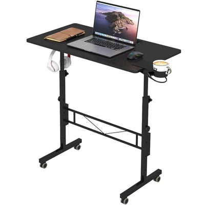 Hadulcet Small Standing Desk Adjustable Height, Mobile Stand Up Desk with Wheels, Portable Walking Pad Table Stand, Rolling Laptop Cart for Standing or Sitting, Black