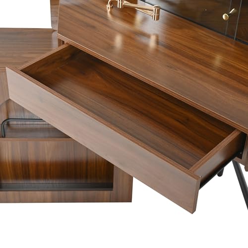 HSUFLWS Wood Corner Vanity Desk with Mirror & Led Lights, White Makeup Vanity Desk with Cushioned Stool & Side Cabinet, Fluted Makeup Vanitys with a Large Drawer for Bedroom (Walnut, 37 H) HSUFLWS