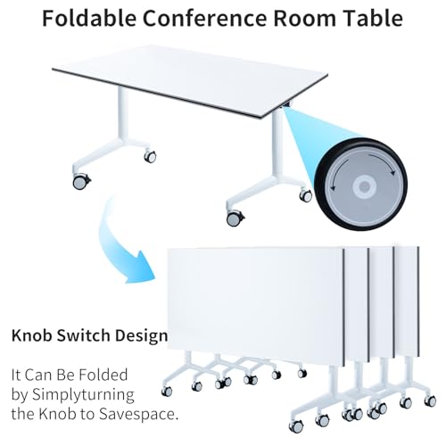Conference Table 10.5FT Folding Office Computer Desk for Meeting Room, Conference Room Table for 8 People, Study Writing Podcast Tables White Training Tables with Wheels, 2PCS, 126"x23.6"x29.5" Bisonful