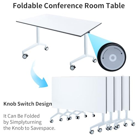 Conference Table Folding Conference Room Table with Wheels 63”x 23.6”Mobile Meeting Tables Foldable Rolling Modern Minimalist Desk for Office Podcast Training Breakroom, White(2pcs) Bisonful