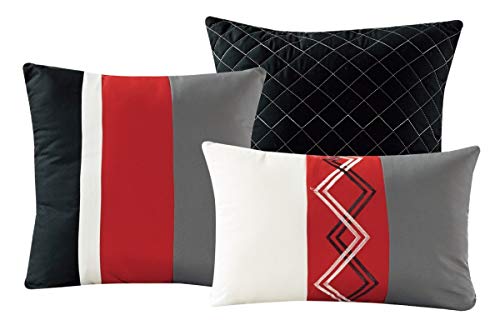 Chezmoi Collection Arden 7-Piece Modern Pleated Stripe Embroidered Zigzag Bedding Comforter Set (Full, Red/Black/Gray/Off-White) Chezmoi Collection