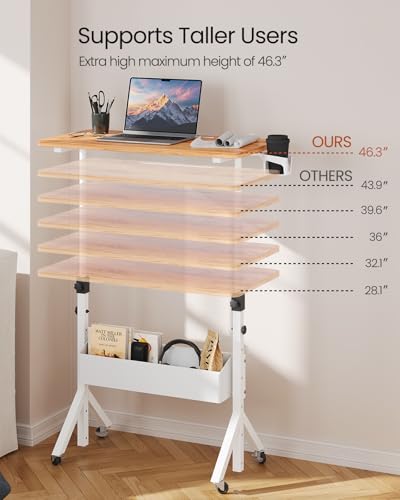 ErGear Mobile Standing Desk with Wheels, Adjustable Height 28.3″ to 46.3″, Rolling Laptop Cart with Cup Holder, Storage Basket, Computer & Pen Slot, Home Office Stand Up Desk, Light Vintage Brown ErGear