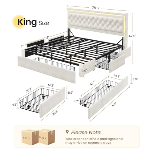 BTHFST King Upholstered LED Bed Frame with 5 Drawers, Velvet Hidden Storage Headboard with Charging Station, Button Tufted Headboard and Heavy Duty Metal Slats Support, No Box Spring Needed, Beige BTHFST