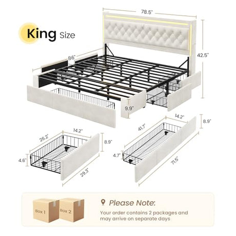 BTHFST King Upholstered LED Bed Frame with 5 Drawers, Velvet Hidden Storage Headboard with Charging Station, Button Tufted Headboard and Heavy Duty Metal Slats Support, No Box Spring Needed, Beige BTHFST