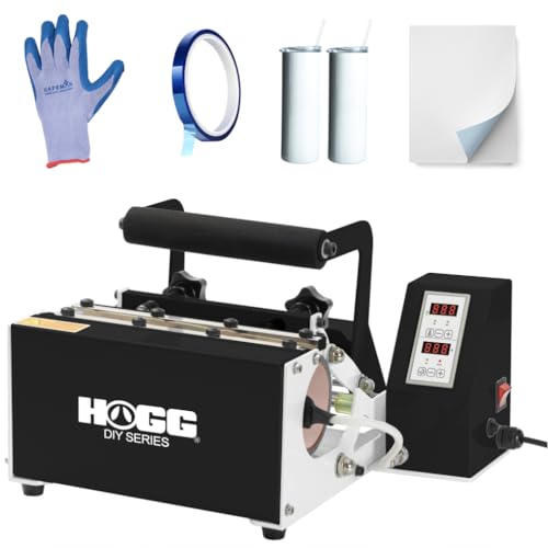 Hogg DIY Series Quick N' Easy Tumbler Heat Press Machine Bundle for Most Straight Sublimation Tumblers, Mugs, Bottles w/Bonus 20oz Sublimatable Skinny Tumbler, Sublimatable Paper, Gloves, & Heat Tape Hogg