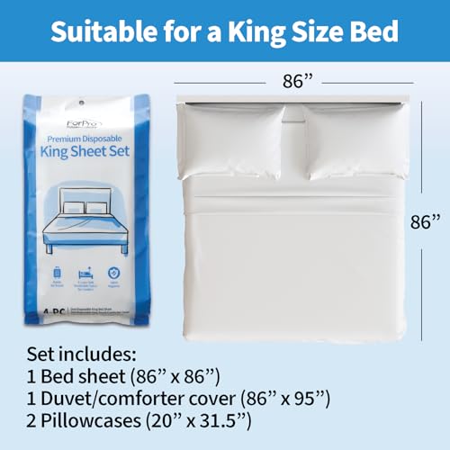 ForPro Premium Disposable Sheet Set, 4-PC King Size Bedding for Travel, Includes Bed Sheet, Duvet Cover and Two Pillowcases, White ForPro Professional Collection